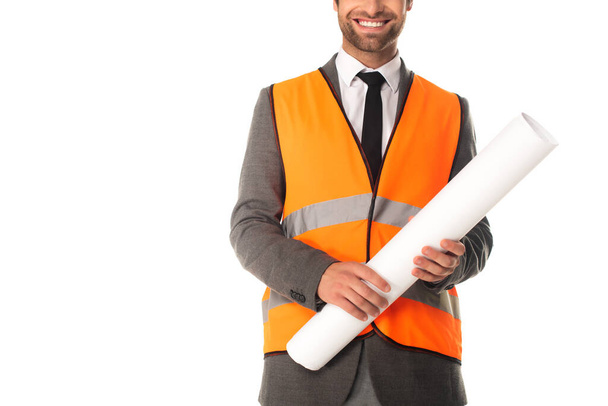 Cropped view of smiling engineer holding blueprint isolated on white  - Zdjęcie, obraz