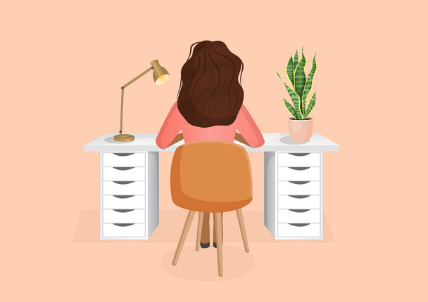 Donna freelance o studente si siede a un tavolo su uno sfondo isolato. Vista posteriore della ragazza. Il concetto di lavoro a distanza, ufficio a casa, freelance, programmazione. Illustrazione piatta vettoriale - Vettoriali, immagini