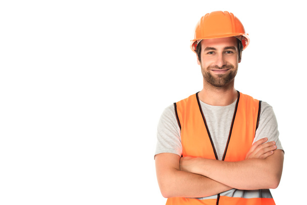 Builder in hard hat and safety vest isolated on white  - Φωτογραφία, εικόνα