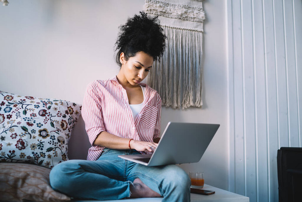 Concentrated thoughtful ethnic woman in comfortable clothes sitting with crossed leg and working typing information on laptop in light decorative room  - Photo, image