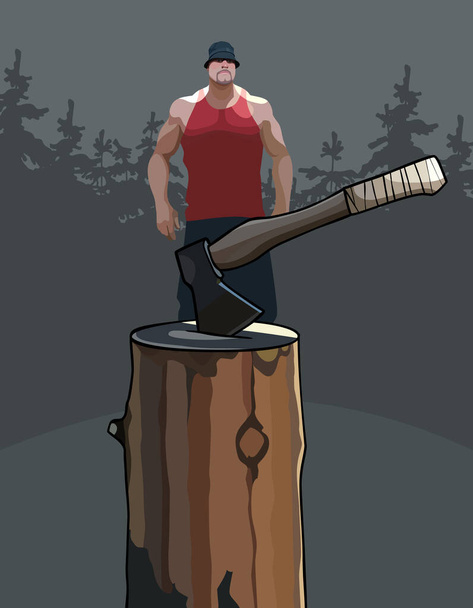 cartoon muscular man standing in the woods next to an ax stuck in log - Vecteur, image