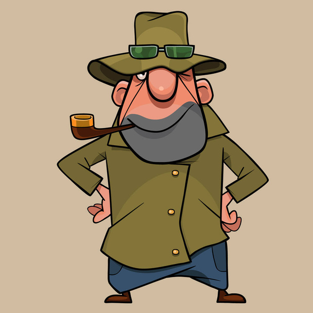 cartoon man in tourist clothes for hunting and fishing stands with pipe in his mouth - Vektor, obrázek