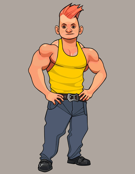 cartoon redhaired muscular man in a T-shirt stands hands on hips - Vector, Image