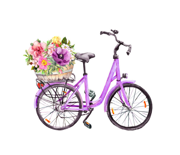 バスケットの自転車や夏の花。水彩画 - 写真・画像
