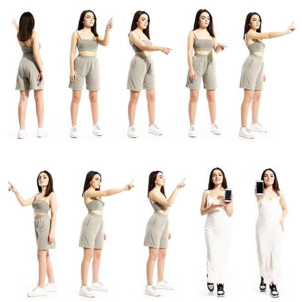 Collection of gen Z young women using touch screen various gestures and showing smart phone screen. Full body people isolated on white background - Foto, afbeelding
