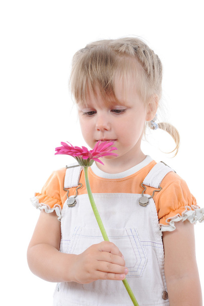 Girl sniffs a flower. - Фото, изображение