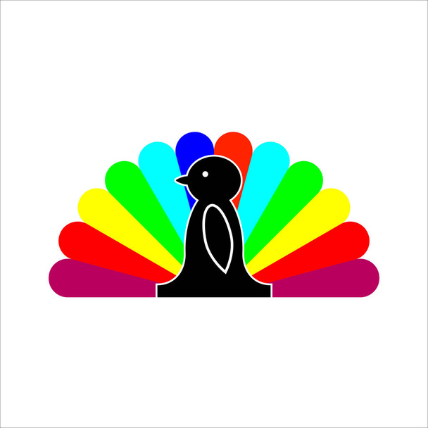 Vogel abstract creatief logo met openende waaierstaart en kleurrijke veren verschillende kleuren. Vectorillustratie. - Vector, afbeelding