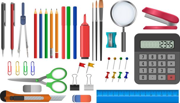  A set of stationery for study and office. Pens, pencils, felt-tip pens, brushes, stapler, magnifier, sharpener, scissors, eraser, knife, calculator, compass, ruler, pins, paper clips. - ベクター画像