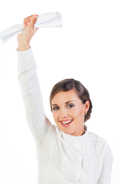 Felice giovane donna d'affari alza la mano con un documento
 - Foto, immagini