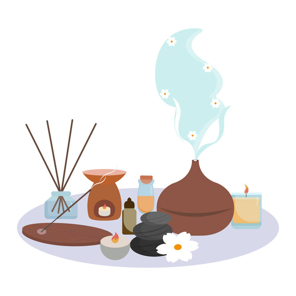 Composition with aromatherapy accessories. Essential oils, aroma diffuser, burning candles, stones, white aroma flowers, reed diffuser, burning incense sticks, SPA products. - Vector, Image