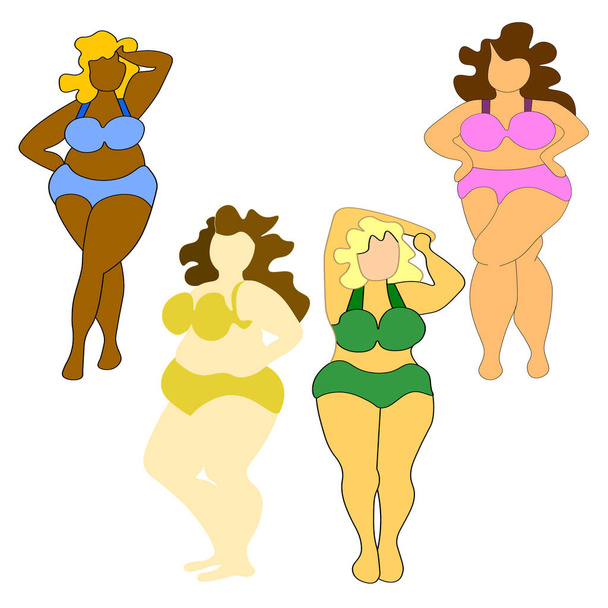 große Reihe von Vektorillustrationen - Plus-Size-Konzept, positiver Körper, keine Diäten. Lieben Sie Ihren Körper bei jedem Gewicht. Mädchen mit großen Brüsten und kurvigen Hüften im Badeanzug. Größe XXL. - Vektor, Bild