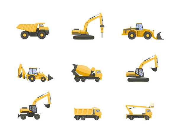 Set of cunstruction vehicles. Vector flat design trucks isolated on white transparent background. - Vector, Image