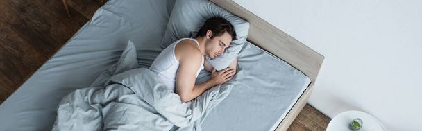 Mavi battaniye altında uyuyan genç adamın yüksek açılı görüntüsü, afiş. - Fotoğraf, Görsel