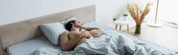ベッドサイドテーブルの近くのベッドで寝てる若い男と床の花瓶にスパイクレットバナー - 写真・画像