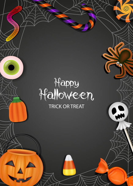Happy halloween poster with pumpkin bucket and candies - Vector, Image