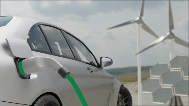 Автомобіль заряджається на тлі вітряних млинів і сонячних панелей. Заряджання електромобіля. Електричний автомобіль заряджається на фоні вітрових турбін. Транспортні засоби, що використовують відновлювані джерела енергії. 3D анімація
 - Кадри, відео