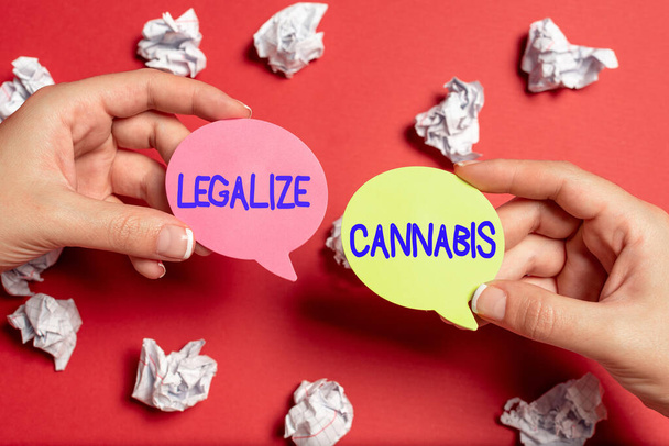 Conceptuele weergave Legaliseren van cannabis. Concept betekent wet die recreatief cannabisgebruik gelegaliseerd landelijk Brainstorming Problemen en Oplossingen stellen Relevante Vragen - Foto, afbeelding