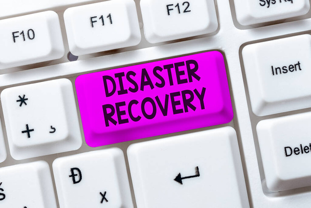 Inspiration showing sign Disaster Recovery. Business idea helping showing affected by a serious damaging event Creating New Online Shop Business, Typing List Of Trading Goods - Photo, Image
