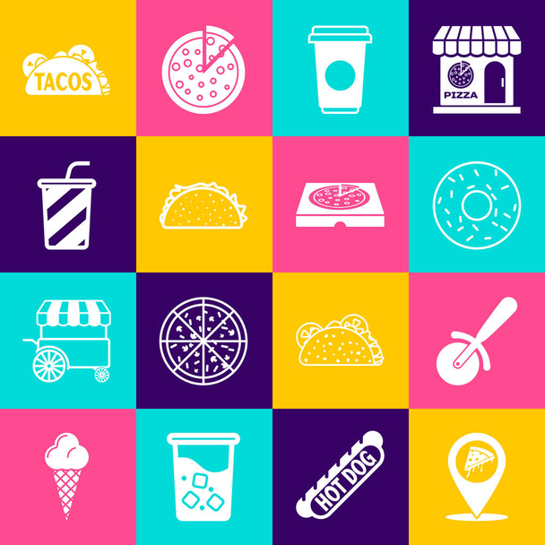 Set Location with slice pizza, Pizza knife, Donut, Coffee cup, Taco tortilla, Glass water, and in cardboard box icon. Vector - Διάνυσμα, εικόνα