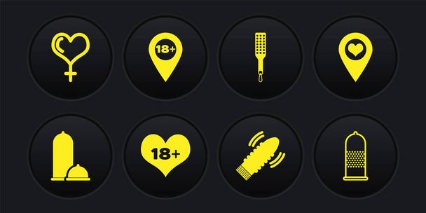 Set Condoms safe sex, Location with heart, 18 plus content, Dildo vibrator for games, Spanking paddle, and Female gender and icon. Vector - Vector, imagen