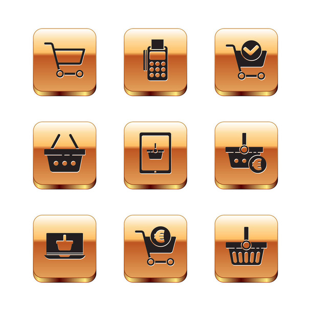 Set Shopping cart, basket on laptop, and euro, tablet, with check mark, and POS terminal credit card icon. Vector - ベクター画像