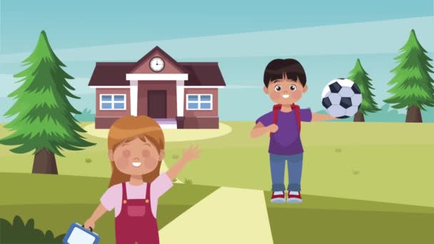 preschool students couple with school characters animation - Footage, Video