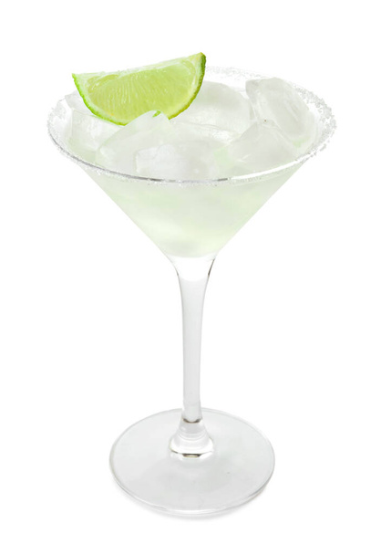 Glass of cold daiquiri cocktail on white background - Photo, Image