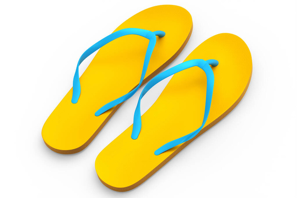 Beach orange flip-flops or sandals isolated on white background. 3d render concept of summer family vacation - Photo, Image