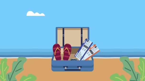 world tourism day animation with suitcase on the beach - Footage, Video