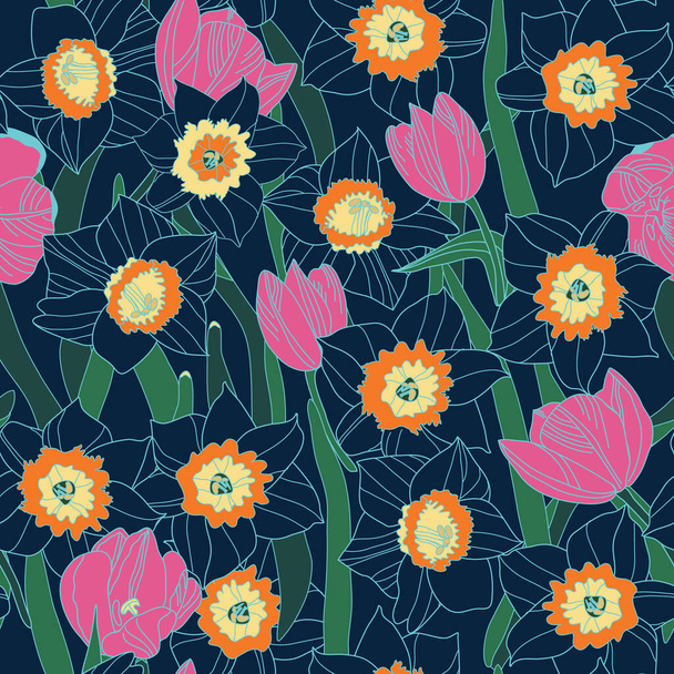 virág zökkenőmentes minta nárcisz és tulipán - Vektor, kép