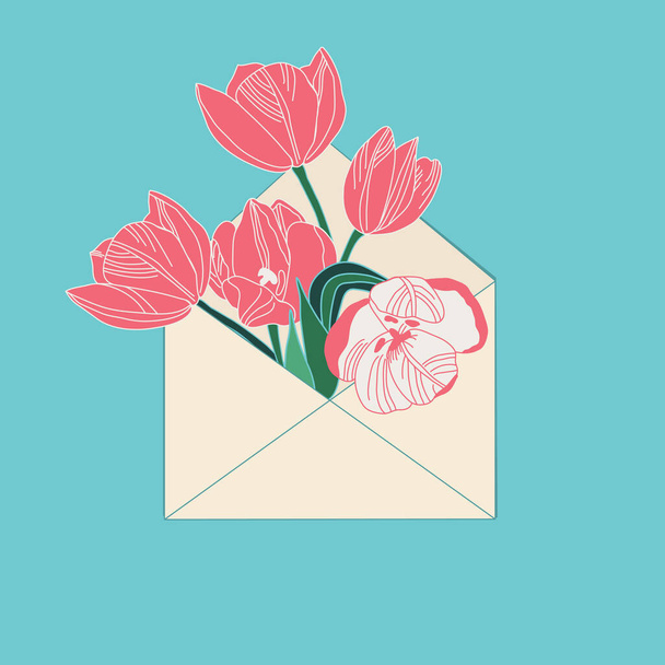 illusztráció tulipánnal és borítékkal - Vektor, kép