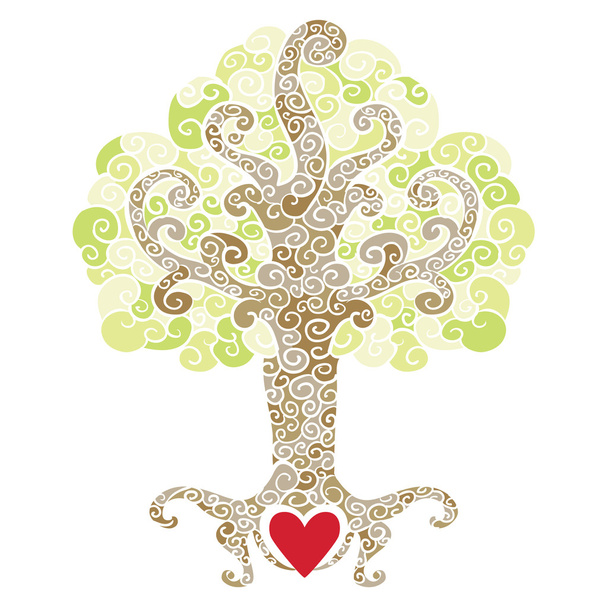 Swirly decorative tree with a red heart - Vector, Image