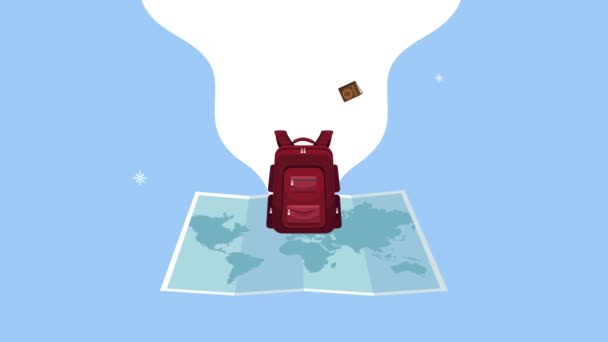 animación del día mundial del turismo con bolsa de viaje y mapa de papel - Metraje, vídeo