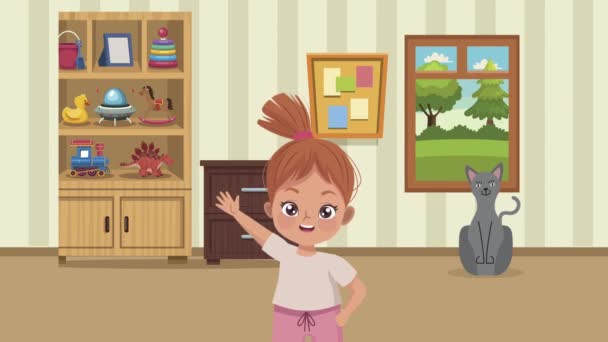 little girl practicing exercise with cat animation - Footage, Video