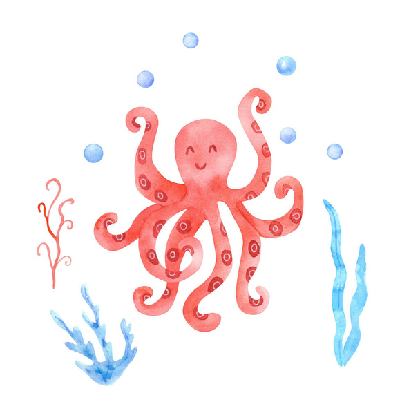 Watercolor octopus. Hand painted children illustration isolated on white background. Great for posters, cards, mug decoration. Sea and ocean animal theme. - Фото, изображение