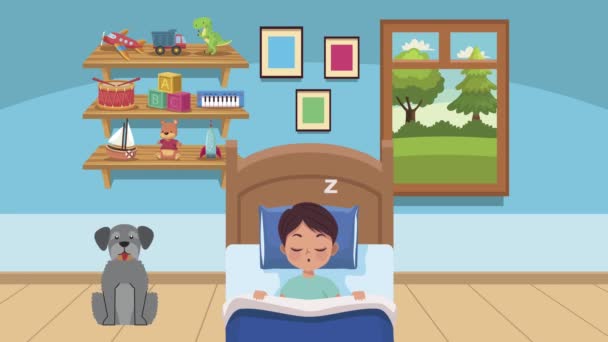malý chlapec spí v posteli s pet animace - Záběry, video