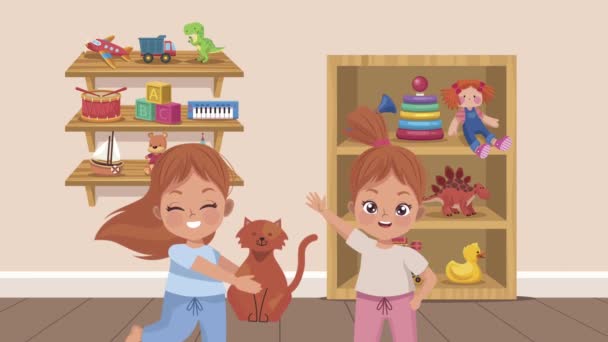 little girls with cat in play room - Footage, Video