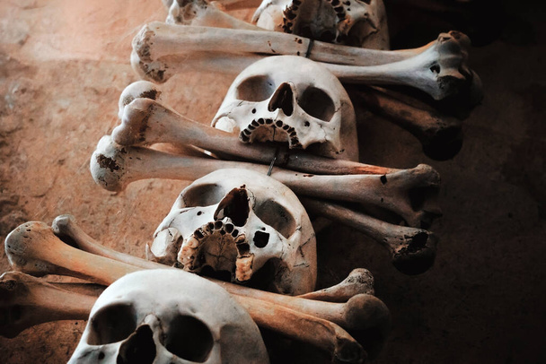 Menschliche Schädel mit Knochen hängen an einer Betonwand. - Foto, Bild