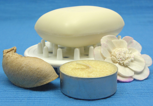 tělové mýdlo s články dekorace na světle modrém pozadí - Fotografie, Obrázek