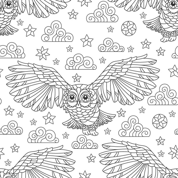 Seamless pattern with dark contour owls, stars and clouds on a white background - Vector, Image