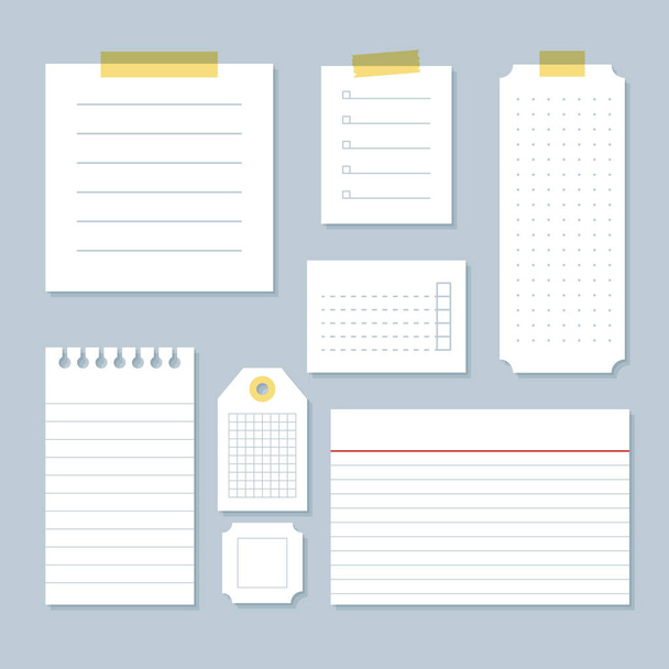 Paper notes, tag and cards set. Different lined, dotted and squared white paper notes. Grey background. Back to school. Vector illustration, flat design - Вектор, зображення