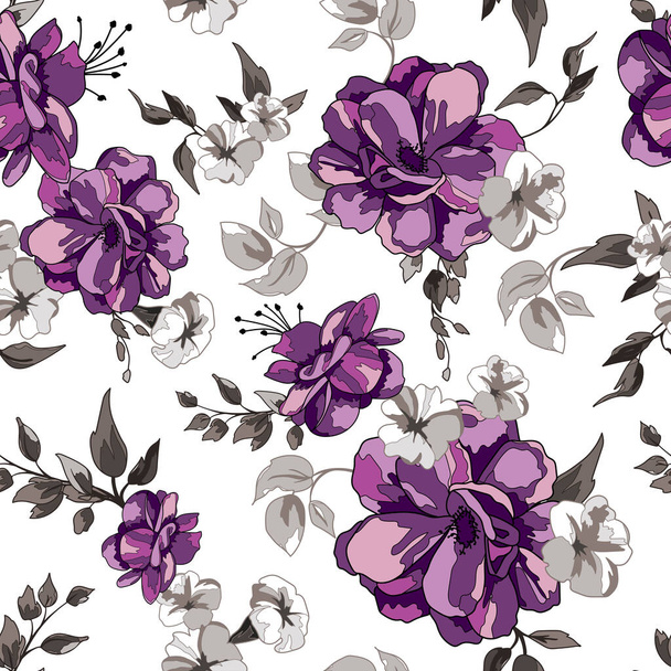 Floral Seamless Pattern Background with Purple Roses. - Vetor, Imagem