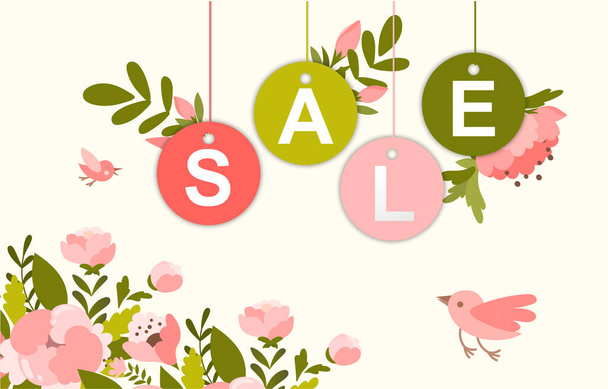 Cute colorful floral template with sale lettering on light background - Vector, imagen