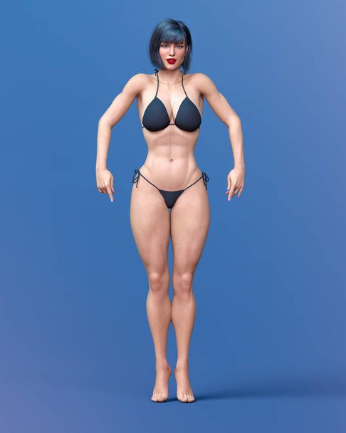 Beautiful athlete bodybuilder woman.Girl in sports bikini.Strong woman posing.Sports lifestyle.Woman studio photography.Conceptual fashion art.Femme fatale.3D Render. - Fotografie, Obrázek