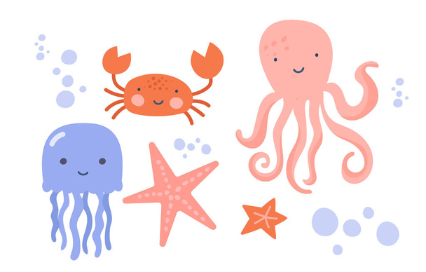 Set of smiling sea creatures on white background - Vector, Image