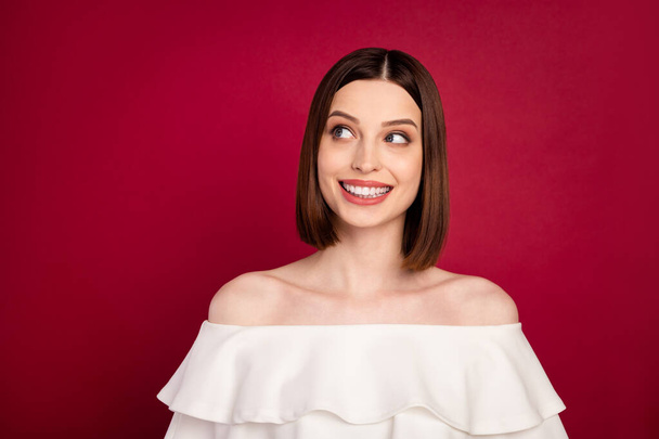 Photo portrait pretty brunette looking blank space smiling isolated red color background - Φωτογραφία, εικόνα