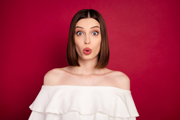 Photo of hooray brown hairdo young lady wear white bare shoulders top isolated on red color background - Фото, зображення