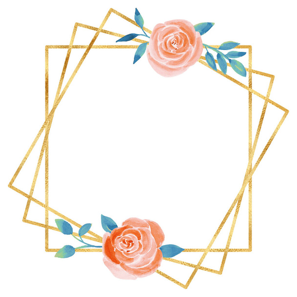 Gold square frame with watercolor flower illustration. - Foto, Imagem