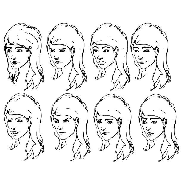 meisje gezicht expressies schetsen. vectorillustratie - Vector, afbeelding