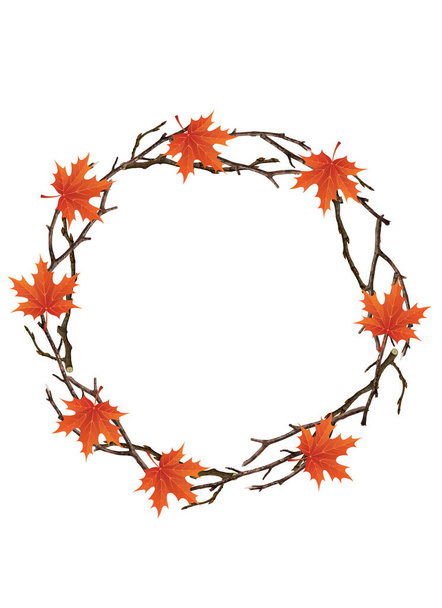 Autumn background with circular frame. Autumn frame background with twigs and colorful leaves. Autumn design templates. - Фото, изображение